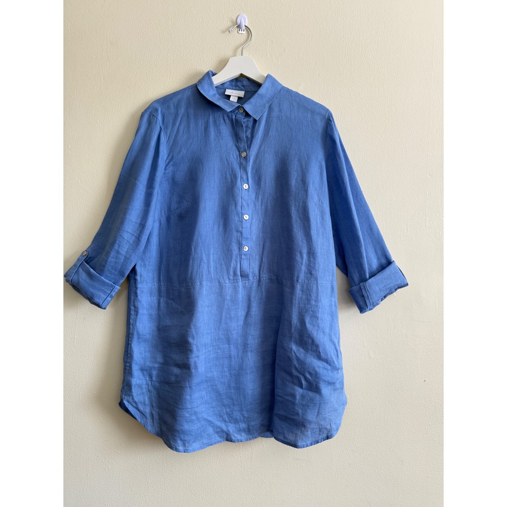 J.Jill Womens Linen Blue Tunic Top Roll Tab Sleeve Button Front Size M Coastal
